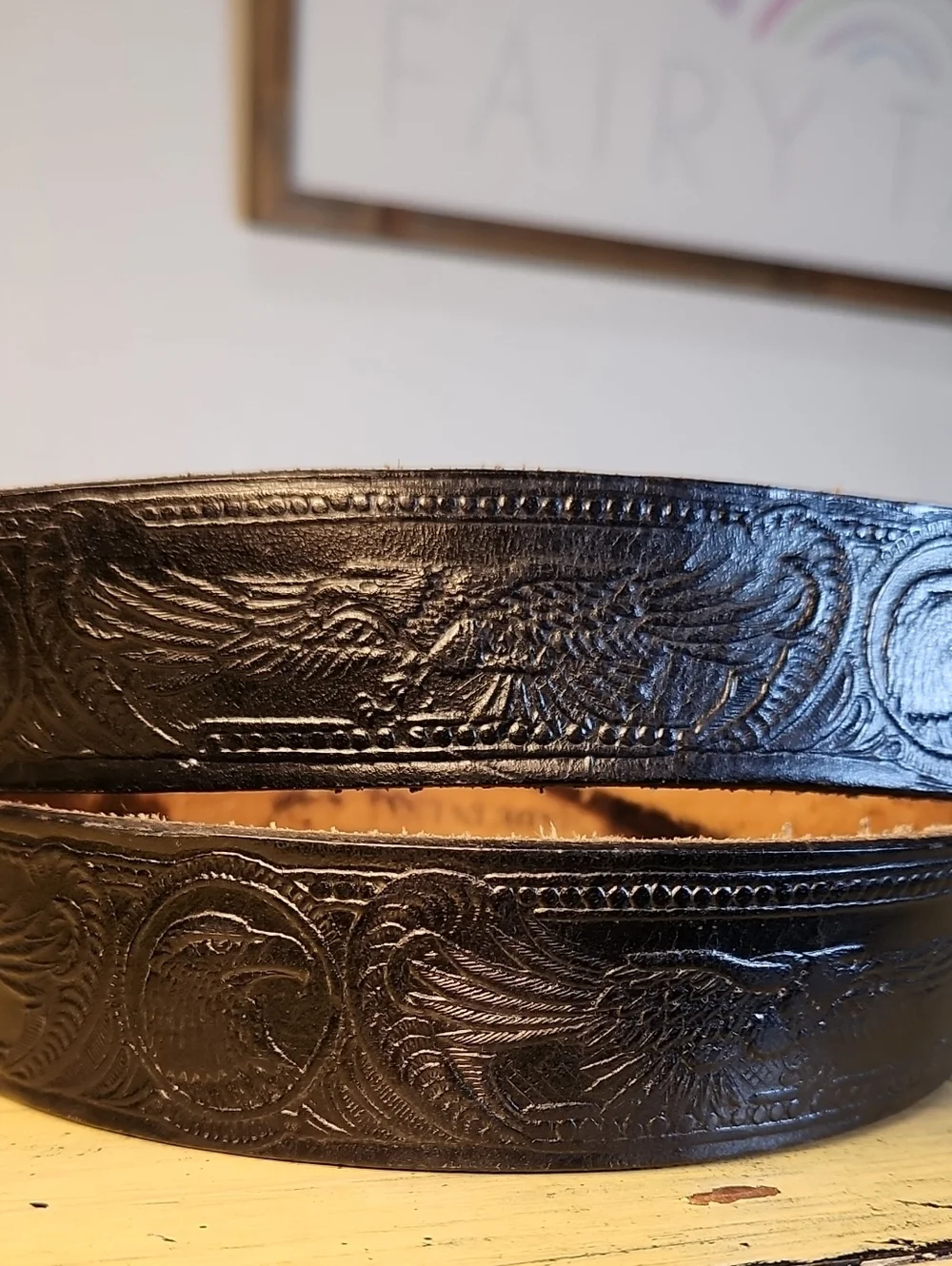 Vintage Harley Davidson Black Tooled Leather Biker Belt Sz 44 HD